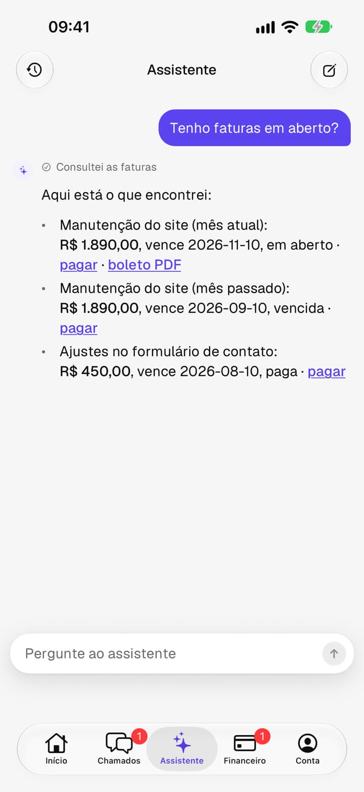 Assistente respondendo quais faturas estão em aberto