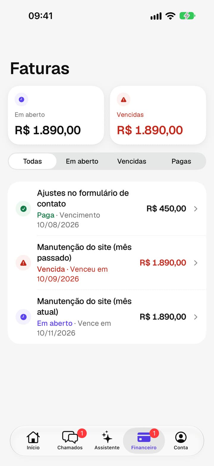 Lista de faturas com valores em aberto, vencidos e pagos