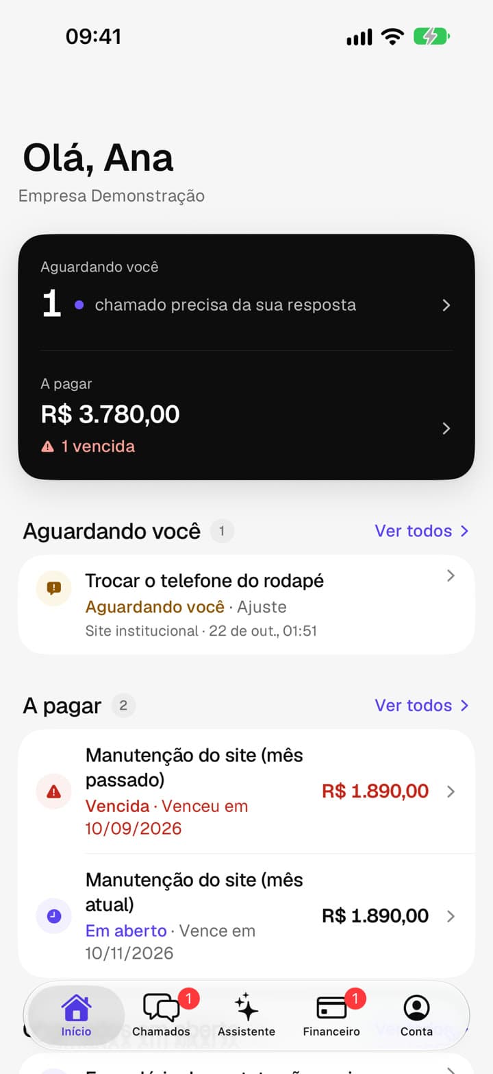 Tela inicial do app com o que aguarda você e o que há para pagar