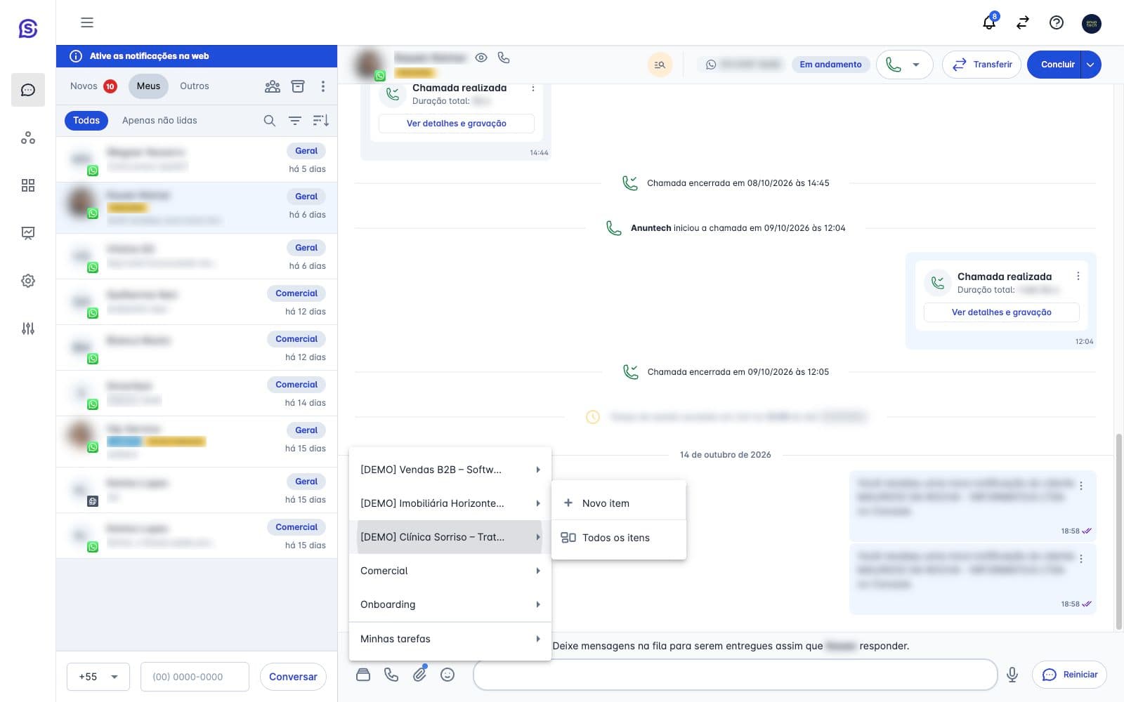 Tela de atendimento do Synova com a lista de conversas e o histórico de chamadas de um contato